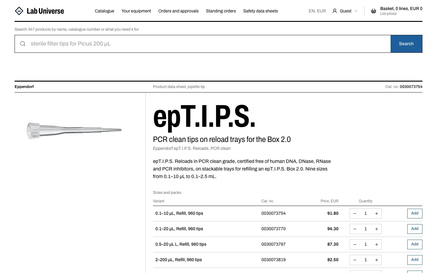 Lab Universe: Every size and pack, by catalogue number