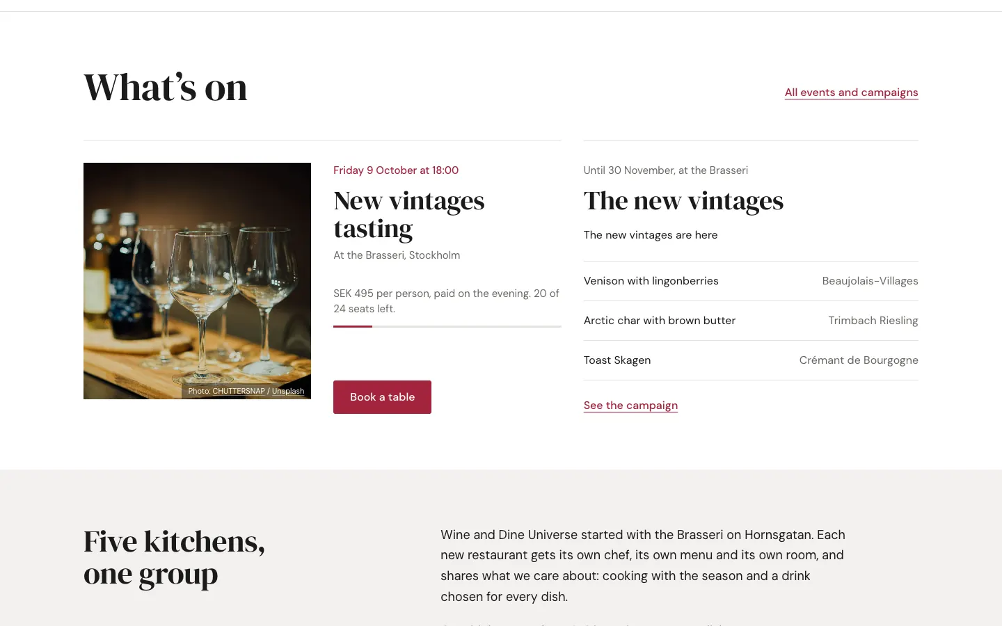 Wine and Dine Universe: Events booked as a table